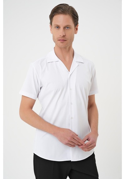 Efor Slim Fit Apaş Yaka Kısa Kol Esnek Casual Beyaz Gömlek G 1589 Beyaz