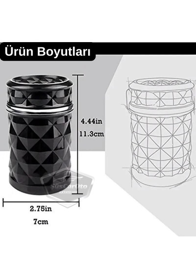 Üniversal Kristal Pırlanta Taş Görünümlü Mavi Led Işıklı Lüx Oto Küllük Kapaklı Spor Araç İçi Küllük Araba Küllüğü Beyaz