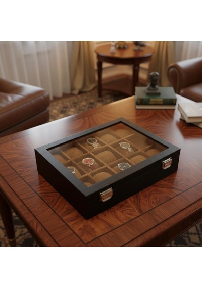Lüks 15 Yuvalı Lüks Deri Cam Kapaklı Şık Tasarıma Sahip Saat Saklama Kutusu Ebat 34x24x8 Cm Taba