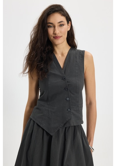 Tudors Kadın Slim Fit Dar Kesim %100 Pamuk V Yaka Çift Cepli Antrasit Etek Yelek Takım-50458