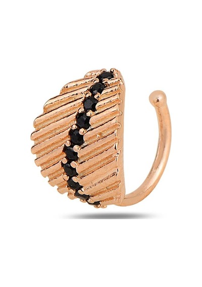 Gümüş Rose Siyah Taşlı Yaprak Modeli Sıkıştırmalı Kıkırdak Küpe Ear Cuff