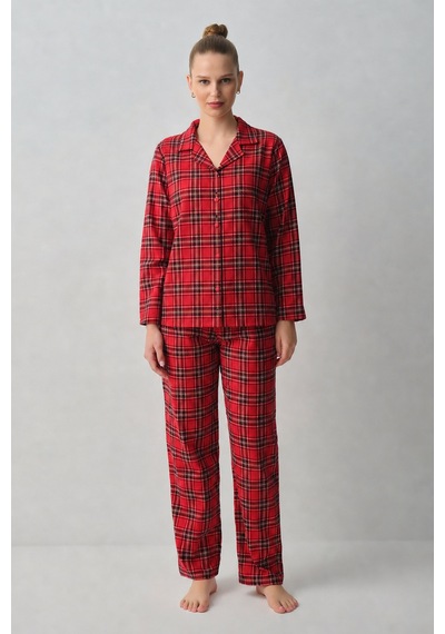 Suwen Plaid Gömlek Yaka Pijama Takımı Wsh105101741114 Kırmızı