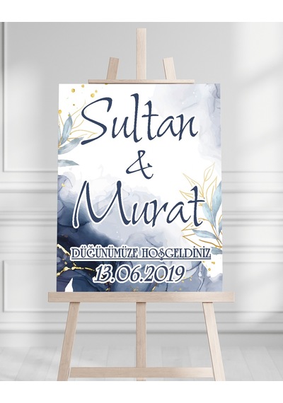 Söz Nişan Düğün İçin 50x70 Karşılama Panosu - Mavi Çiçek Özel Tasarımlı Beyaz