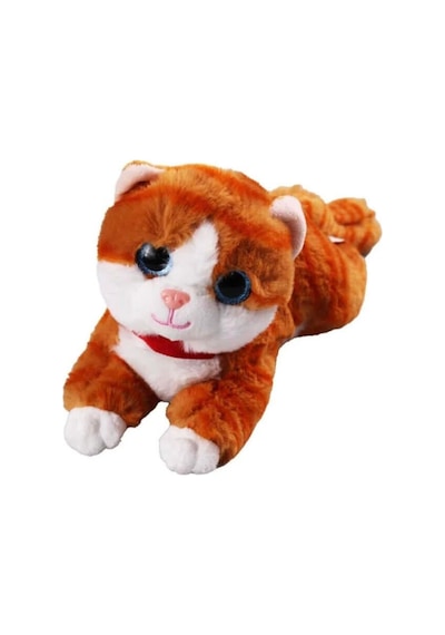 Miyavlayan Sesli Kedi Peluş Oyuncak Uyku Arkadaşı Hediyelik Peluş Yatan Kedi 35 Cm Turuncu