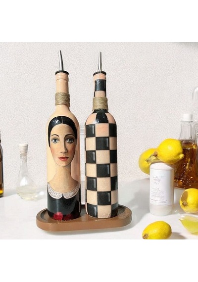 Kadın Tasarımlı 750 Ml Zeytinyağı Sıvıyağ Şişesi Yağdanlık Yağlık Sirkelik Sosluk 2'li Set Çok Renkli