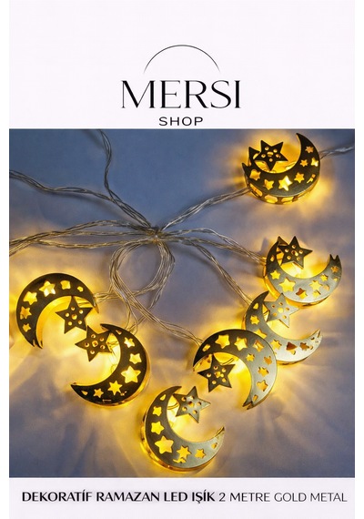 Mersi Shop Ramazan Ay Yıldız Gold Metal Led Işık 2 Metre Pilli Dekoratif Zincir Aydınlatma 1