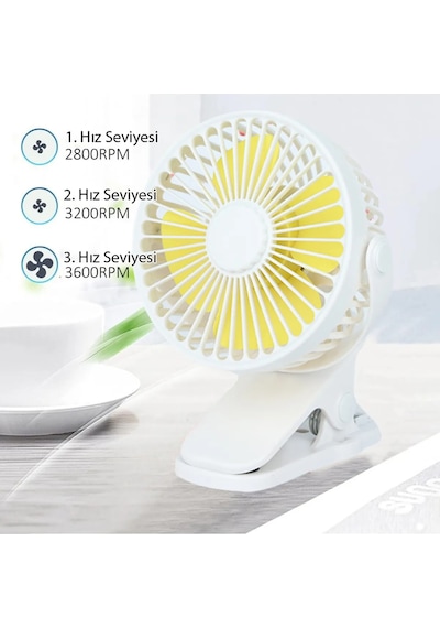 3 Kademe Şarjlı Mandallı 360 Taşınabilir Fan Vantilatör Jh-006 Beyaz