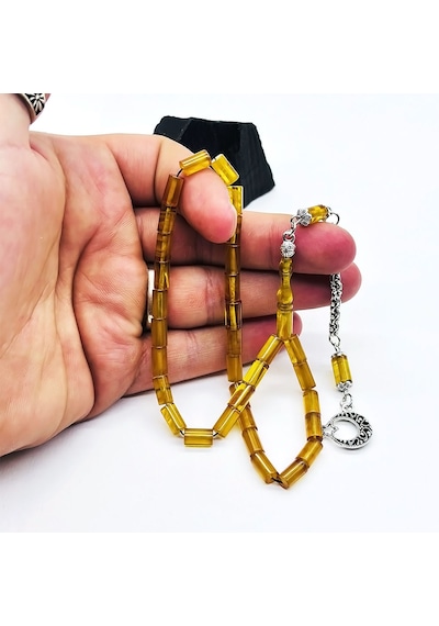 Sarı Hareli Kesme Model Sıkma Ateş Kehribar Tesbih