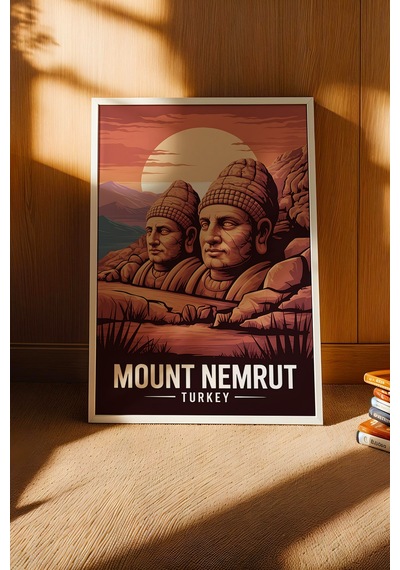 Nemrut Dağı Tablo - Retro Travel Poster - Adıyaman Şehiri Duvar Dekoru - Çerçeveli İllüstrasyon Beyaz