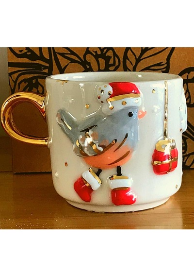 24 Ayar Altın Işlemeli Noel Yılbaşı Kuşu Kabartmalı, El Yapımı 240 Ml Mug Enk240 Beyaz - Çok Renkli