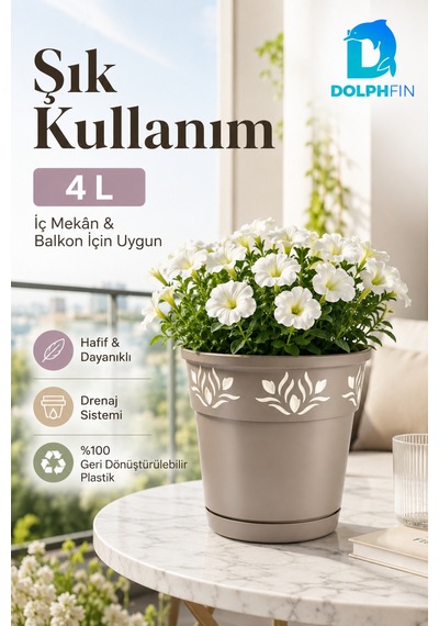 4 Litre Dekoratif Alt Tabaklı Plastik Saksı 20x20x20 Cm Çiçek Motifli Karışık Renk