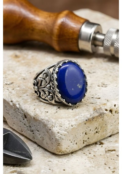 Hünkar Model El İşi Lapis Lazuli Taşlı Gümüş Yüzük 19 Gümüş