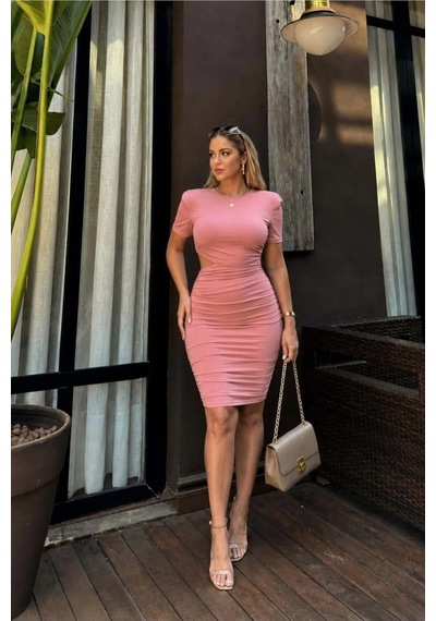 Veraura Lifestyle Kadın Krep Kumaş Bisiklet Yaka Büzgülü Kısa Kollu Elbise Pudra