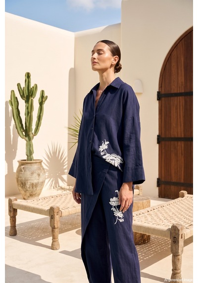 Missemramiss Linen Nakışlı Keten Takım 5211 Lacivert
