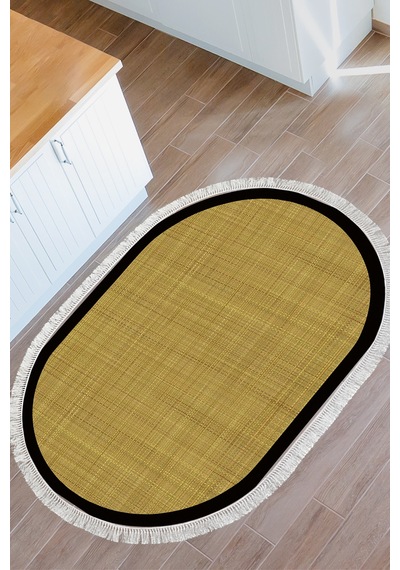Kaymaz Taban Djt Banyo Mutfak Salon Halı Trend Saçaklı Oval Dokuma Desen E5007 Altın Sarısı