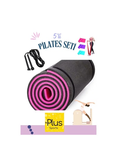 5'li Set 10 Mm Plates Yoga Minderi Ve Kamp Matı 3 Adet Pilates Bandı Direnç Lastiği Ve Atlama İpi Pembe Pembe