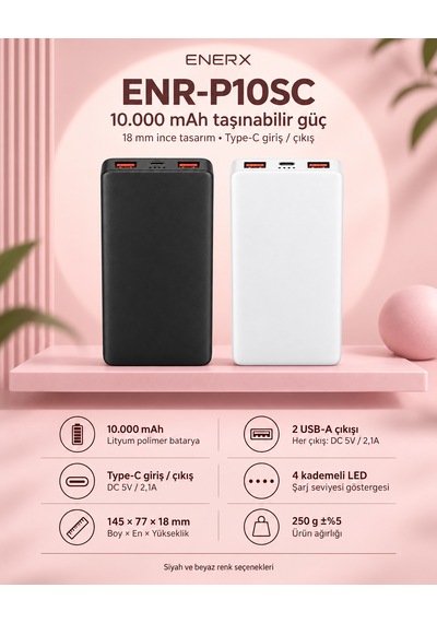 Enerx Enr-p10sc 10.000 Mah 2.1a Slim Powerbank Siyah
