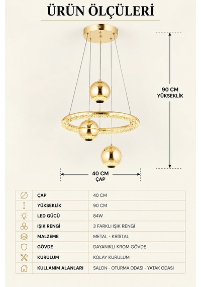 Modern Premium Gold Halka 3 Renkli Ledli Sarkıt Avizesi Salon Mutfak Çocuk Odası Şık Modelleri 84w Beyaz