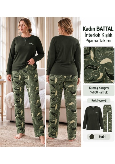 Angelina Kadın Battal Düğmeli Yaka %100 Pamuk İnterlok Kışlık Pijama Takımı 10004 - 1 Adet Haki Angelina Kadın Battal Düğmeli Yaka %100 Pamuk İnterlok Kışlık Pijama Takımı 10004 - 1 Adet Haki