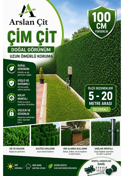 Tr Çim Çit Bahçe Teli Yapay Çim Örgülü Uv Dayanıklı Yeşil Çit, 100 Cm X 17 Mt 98 x 98