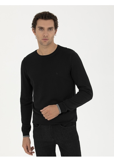 Cacharel Siyah Slim Fit Pamuk Karışımlı Bisiklet Yaka Basic Triko Kazak