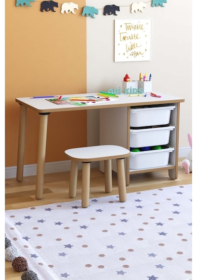 Çocuk Çalışma Masası 90x45 Cm 3 Sepetli Çocuk Masa Tabure Seti Oyun & Aktivite Masası Çok Renkli