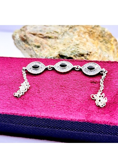 Mekik Model Zirkon Ve Oltu Taşı İşçilikli 925 Ayar Gümüş Bileklik Gümüş  - Siyah