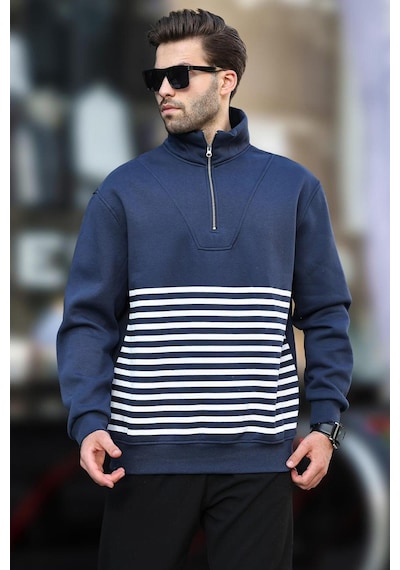 Madmext Lacivert Fermuar Yakalı Çizgili Sweatshirt 7056-lacivert Lacivert