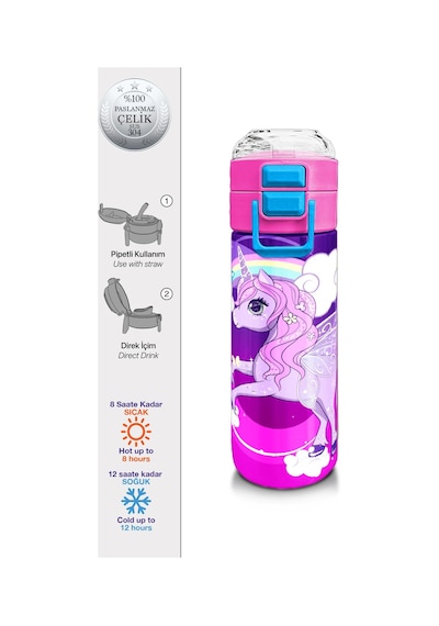 Coral High Kids Mor Pembe Unicorn Desenli Pipetli Ve Direkt İçim Çelik Termos 500 Ml 31923 Mor - Açık Pembe