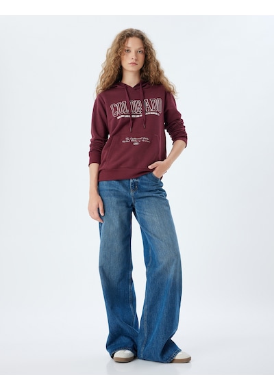 Koton Kolej Sweatshirt Kapüşonlu Kanguru Cepli Baskılı Şardonlu Bordo 5wal10436ık Bordo