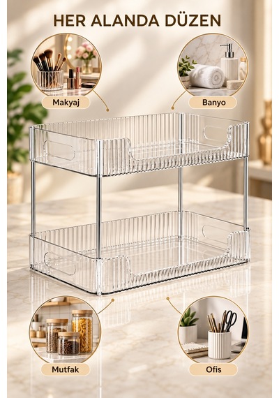 Lumera 2 Katlı Şeffaf Çok Amaçlı Organizer Makyaj, Parfüm, Banyo Ve Mutfak Düzenleyici Raf 33 22 28 Cm. Şeffaf