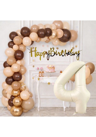 4 Yaş Pompa Hediyeli Doğum Günü Seti Banner Gold Kahverengi Kum Beji Ten Rengi Balonlar Krem Rakam Çok Renkli