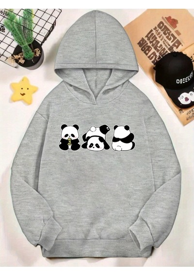 Uyguntarz Unisex Yaramaz Pandalar Baskılı Oversize Sweatshirt Gri