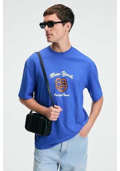 Grimelange CRISP Erkek Oversize %100 Pamuk Baskılı Yuvarlak Yaka Saks Mavi T-Shirt