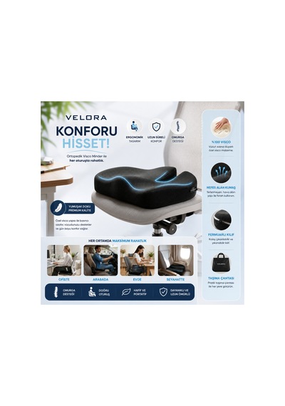 Ortopedik Visco Oturma Minderi Kuyruk Sokumu Destekli Ergonomik Ofis, Araç Ve Çalışma Koltuğu Minderi - 886995525