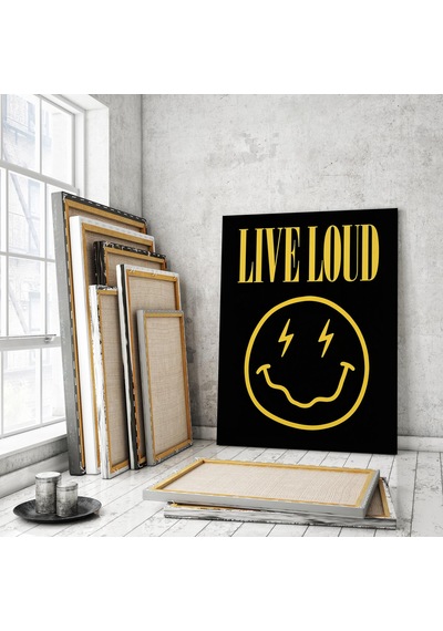 Live Loud Duvar Sanatı Yazdırılabilir Gülen Yüz Posteri Müziksever Duvar Sanatı Sarı Siyah Baskı Pozitif Alıntı Posteri Retro Müzik Dekorasyonu Gençler İçin