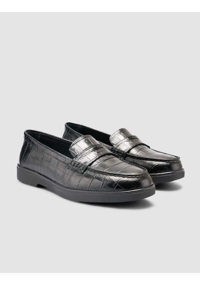 %100 Hakiki Deri Siyah Croco Desen Kadın Loafer Siyah