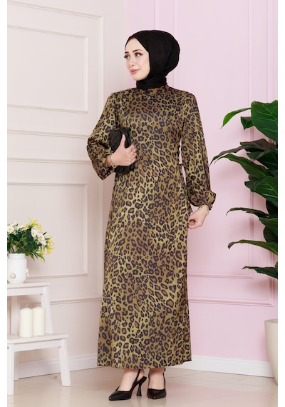 Yanı Bağcıklı Leopar Desenli Tesettür Abiye-hardal-4684