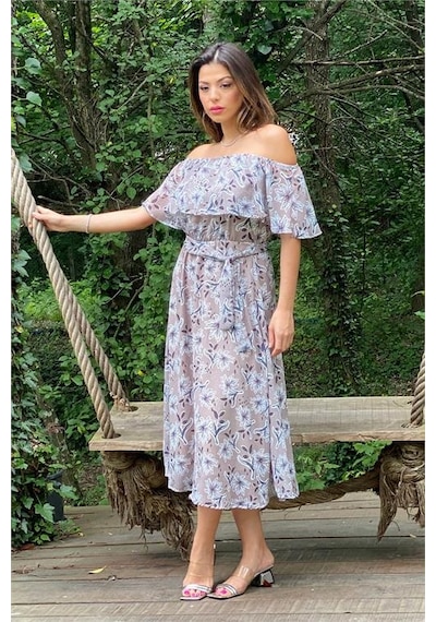 Neşeli Butik Kadın Bej Madonna Kuşaklı Çiçek Desenli Şifon Elbise Nb10037 Vizon