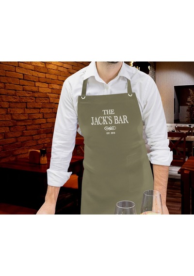 Bk Gift Kişiye Özel İsimli Tarihli Bar Tasarımlı Profesyonel Haki Yeşil Mutfak Önlüğü, Aşçı Önlüğü, Şef Önlüğü, Arkadaşa -7 Bej