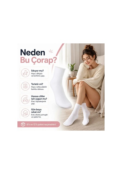 Genel Kadın Bambu Uzun Çorap 6 Lı Paket, Dikişsiz Burunlu Yumuşak Dokulu Siyah Beyaz Beyaz 6 Lı / 36-40