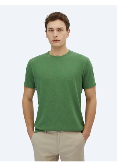 Kip Fıstık Yeşili Düz Bisiklet Yaka Pamuk Karışımlı T-shirt Fıstık Yeşili