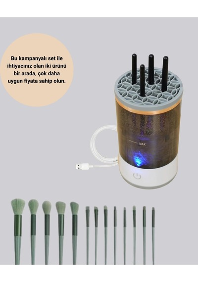 Profesyonel 13 Lü Makyaj Fırçası + Usb Fırça Temizleyici İkili Set