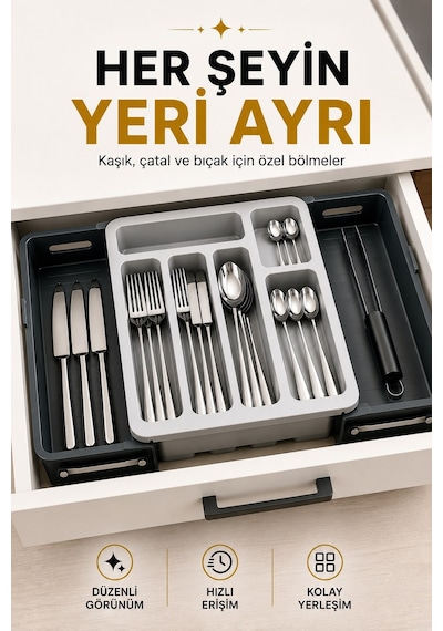 Sürgülü Ayarlanabilir Kaşıklık Organizer Çekmece İçi Düzenleyici S-10555 Gri