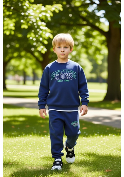 Frm Erkek Çocuk Örme Slogan Baskılı Oversize Takım Rahatlık Ve Tarz B Mavi