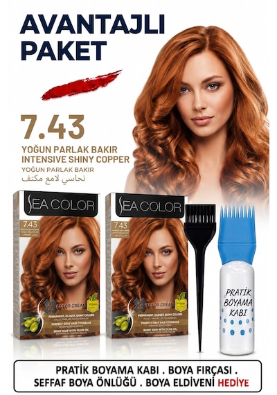 Sea Color Set Saç Boyası 7.43 Yoğun Parlak Bakır 2 Li 2 Kutu+pratik Boya Kabı