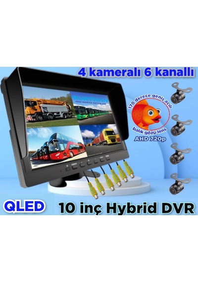 Ledsiz 4 Adet Ahd 720p Balık Gözü Kelebek Kamera 6 Kanallı 10 İnç Qled Ekran 256 Gb 12 Volt