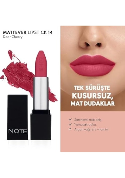 Mattever Lipstick 14 Cherry Yarı Mat Bitişli Ruj, Pembe 0