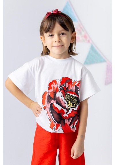 Zeyland Kız Çocuk Gül Baskılı Tshirt-kırmızı Kırmızı