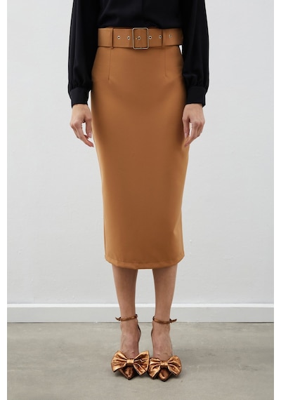 Sateen Kemerli Kalem Etek - Camel-132464 Camel